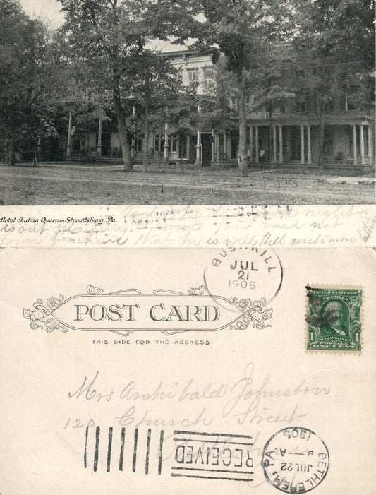 STROUDSBURG PA HOTEL INDIAN QUEEN 1906 UNDIVIDED ANTIQUE POSTCARD
