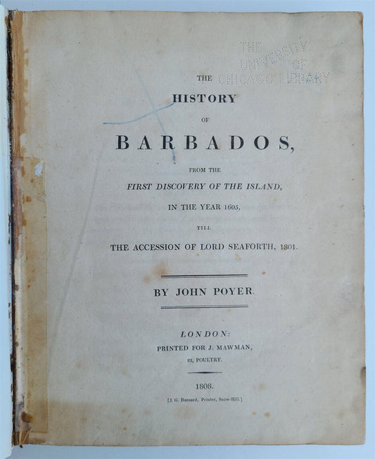 1808 HISTORY of BARBADOS from 1605 to 1801 by John POYER antique RARE