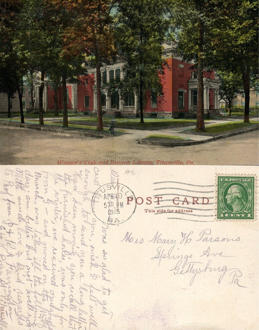 TITUSVILLE PA WOMEN'S CLUB & BENSON LIBRARY 1915 ANTIQUE POSTCARD