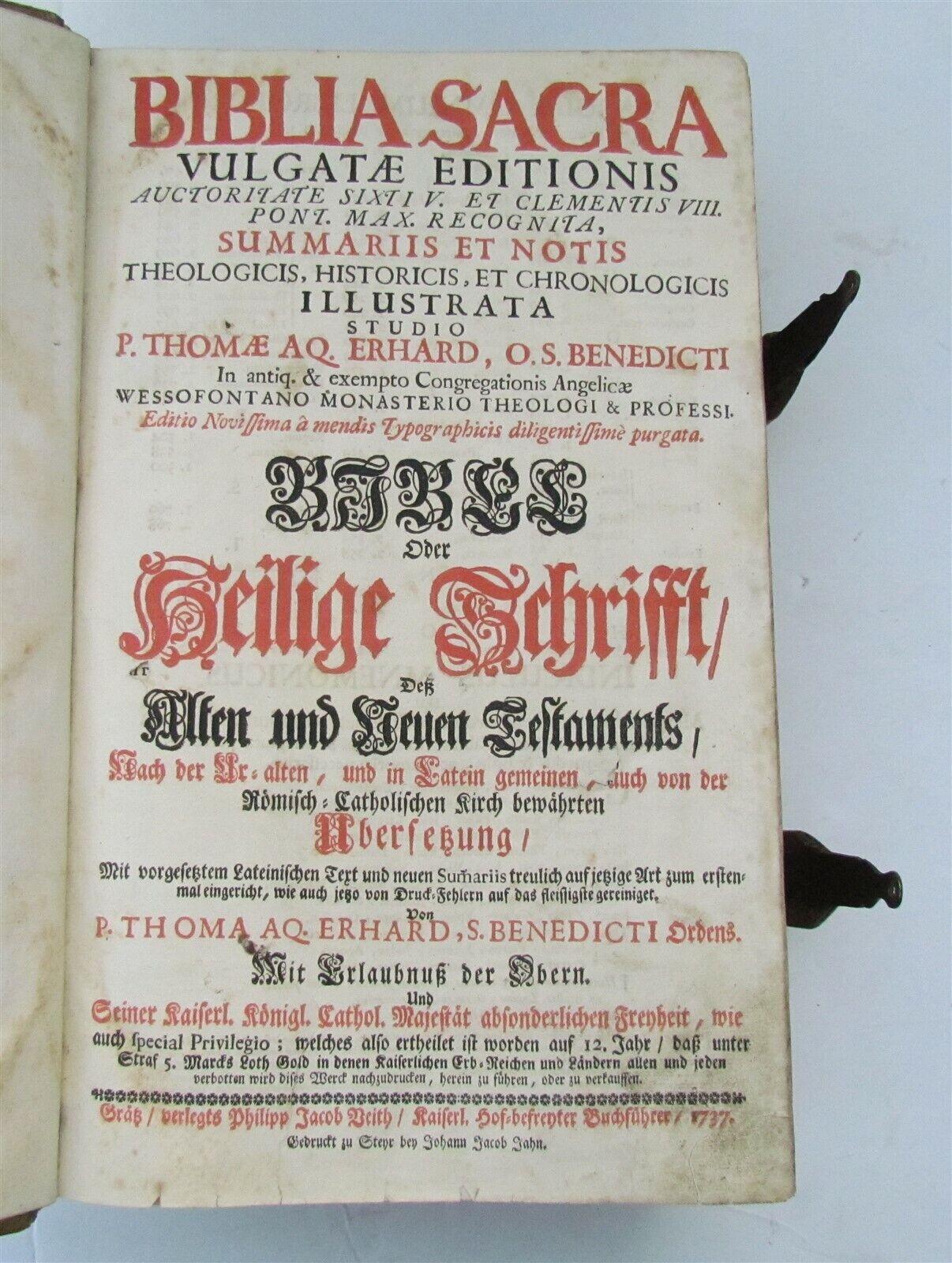 1737 LATIN GERMAN BIBLE AMAZING PIGSKIN BINDING MASSIVE FOLIO antique BIBLIA