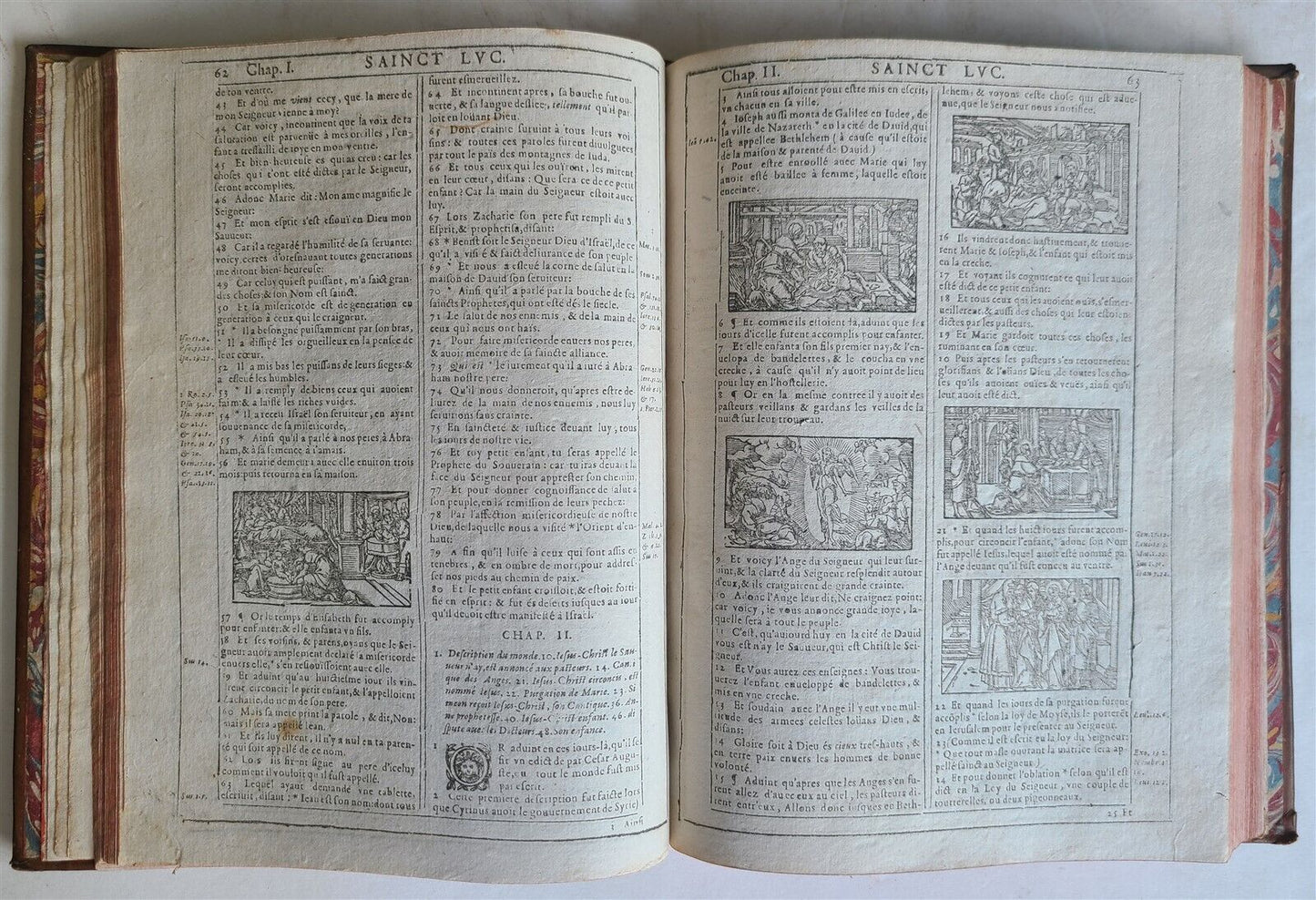 1620 BIBLE in FRENCH ANTIQUE ILLUSTRATED w/ 215 WOODCUTS !