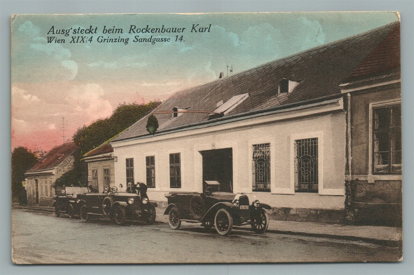 VINTAGE CARS ANTIQUE POSTCARD AUSG'STECKT BEIM ROCKENBAUER KARL WIEN SANDGASSE