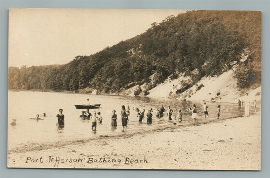 LONG ISLAND NY PORT JEFFERSON BATHING BEACH ANTIQUE REAL PHOTO POSTCARD RPPC