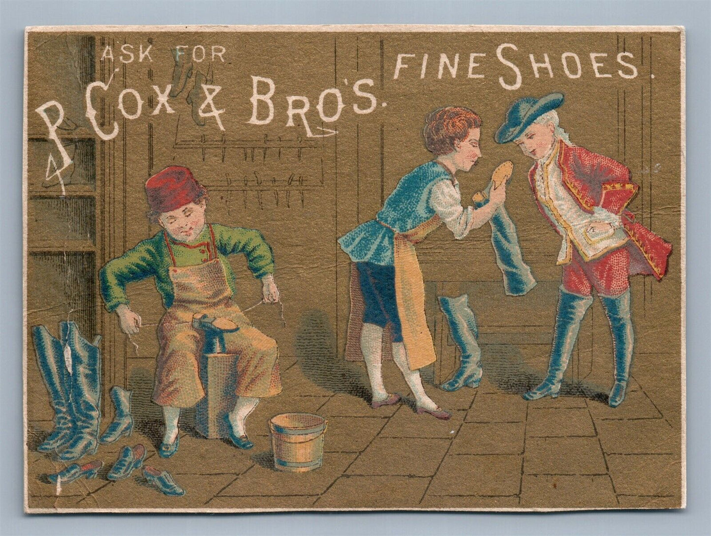 ANTIQUE 1880 VICTORIAN TRADE CARD P.COX & BROS. FINE SHOES ADVERTISING