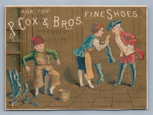 ANTIQUE 1880 VICTORIAN TRADE CARD P.COX & BROS. FINE SHOES ADVERTISING