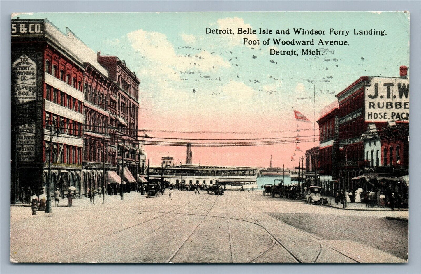 DETROIT MI BELLE ISLE & WINDSOR FERRY LANDING WOODWARD AVE 1913 ANTIQUE POSTCARD