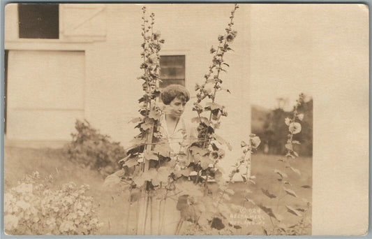 LADY w/ FLOWERS ANTIQUE REAL PHOTO POSTCARD RPPC