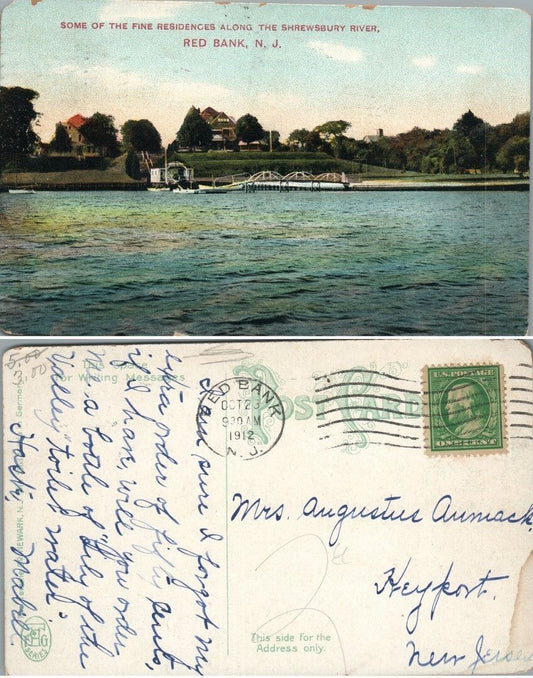ANTIQUE 1912 POSTCARD RESIDENCES ALONG SHREWSBURY RIVER RED BANK N.J.