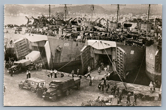 WWII NAPLES FRANCE PORT RED CROSS TRUCKS SHIPS VINTAGE REAL PHOTO POSTCARD RPPC