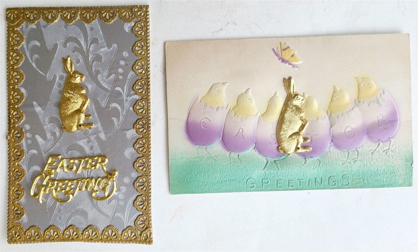 EASTER GREETINGS lot of 2 ANTIQUE POSTCARDS w/ METALLIC APPLICATIONS