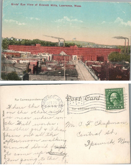 BIRD'S EYE OF EVERETT MILLS LAWRENCE MA 1918 ANTIQUE POSTCARD