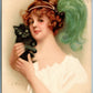 YOUNG LADY w/ BLACK BABY CAT ANTIQUE POSTCARD