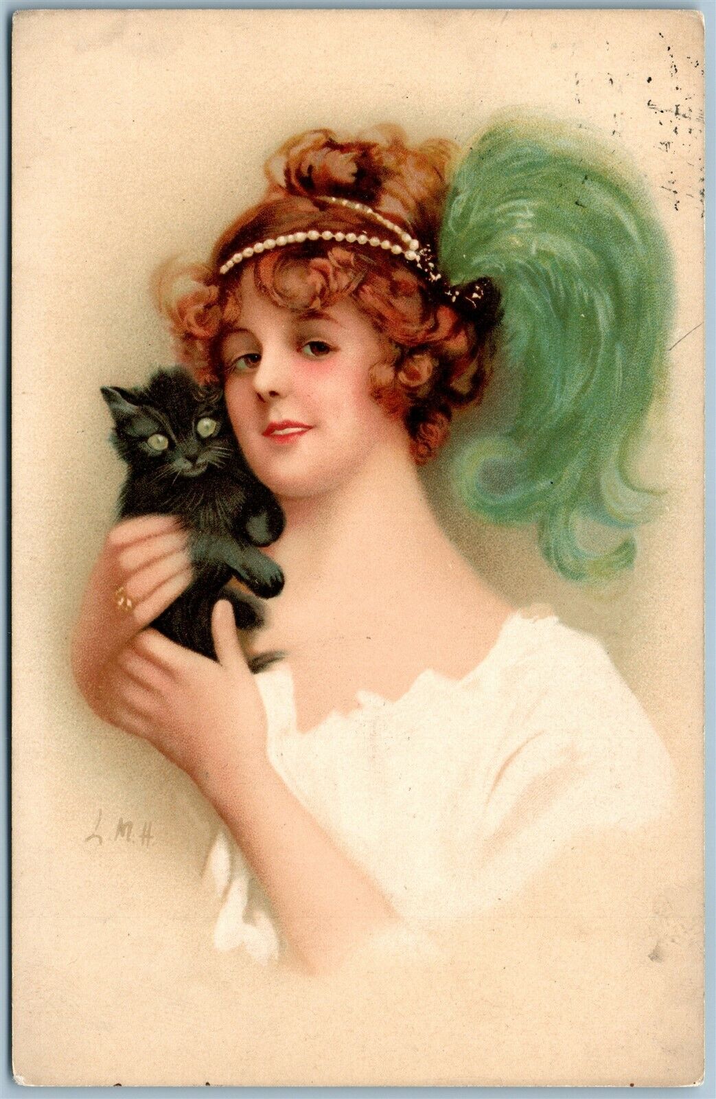 YOUNG LADY w/ BLACK BABY CAT ANTIQUE POSTCARD