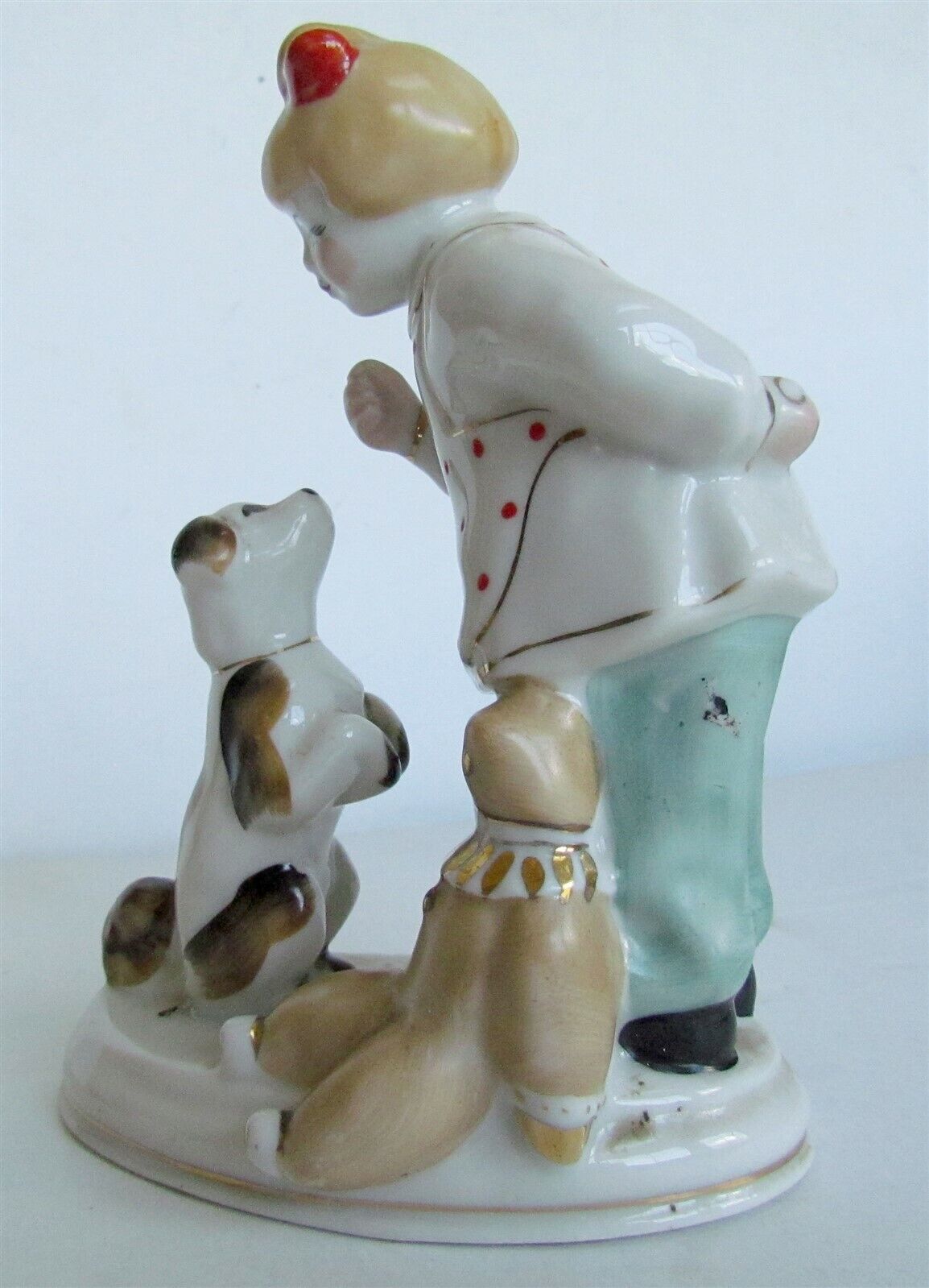 RUSSIAN 1950s PORCELAIN FIGURE GIRL w/ DOG & DOLL vintage