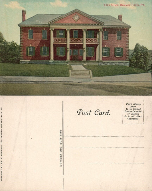 ELKS CLUB BEAVER FALLS PA ANTIQUE POSTCARD