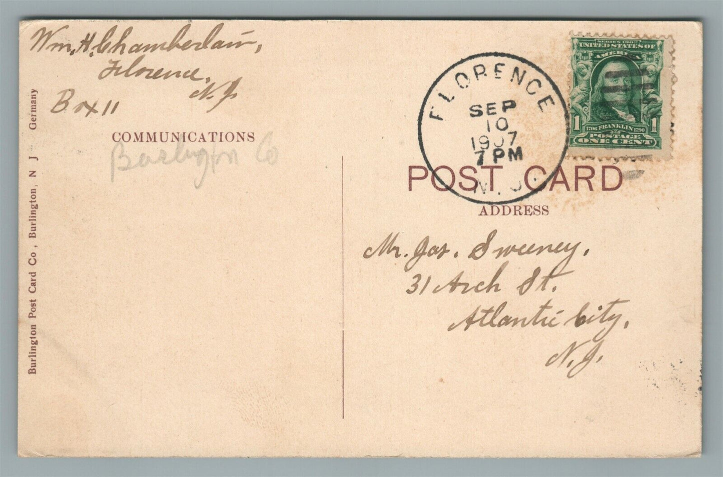 FLORENCE NJ M.E. CHURCH & TOWN HALL ANTIQUE POSTCARD