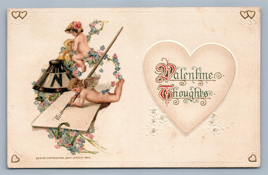 VALENTINE THOUGHTS 1914 EMBOSSED ANTIQUE POSTCARD by JOHN WINSCH w/ CUPIDS