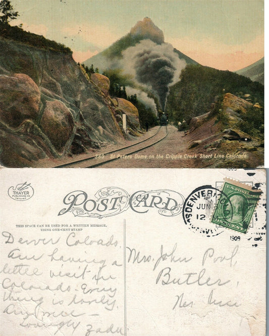 CRIPPLE CREEK SHORT LINE CO 1909 ANTIQUE POSTCARD train railroad railway