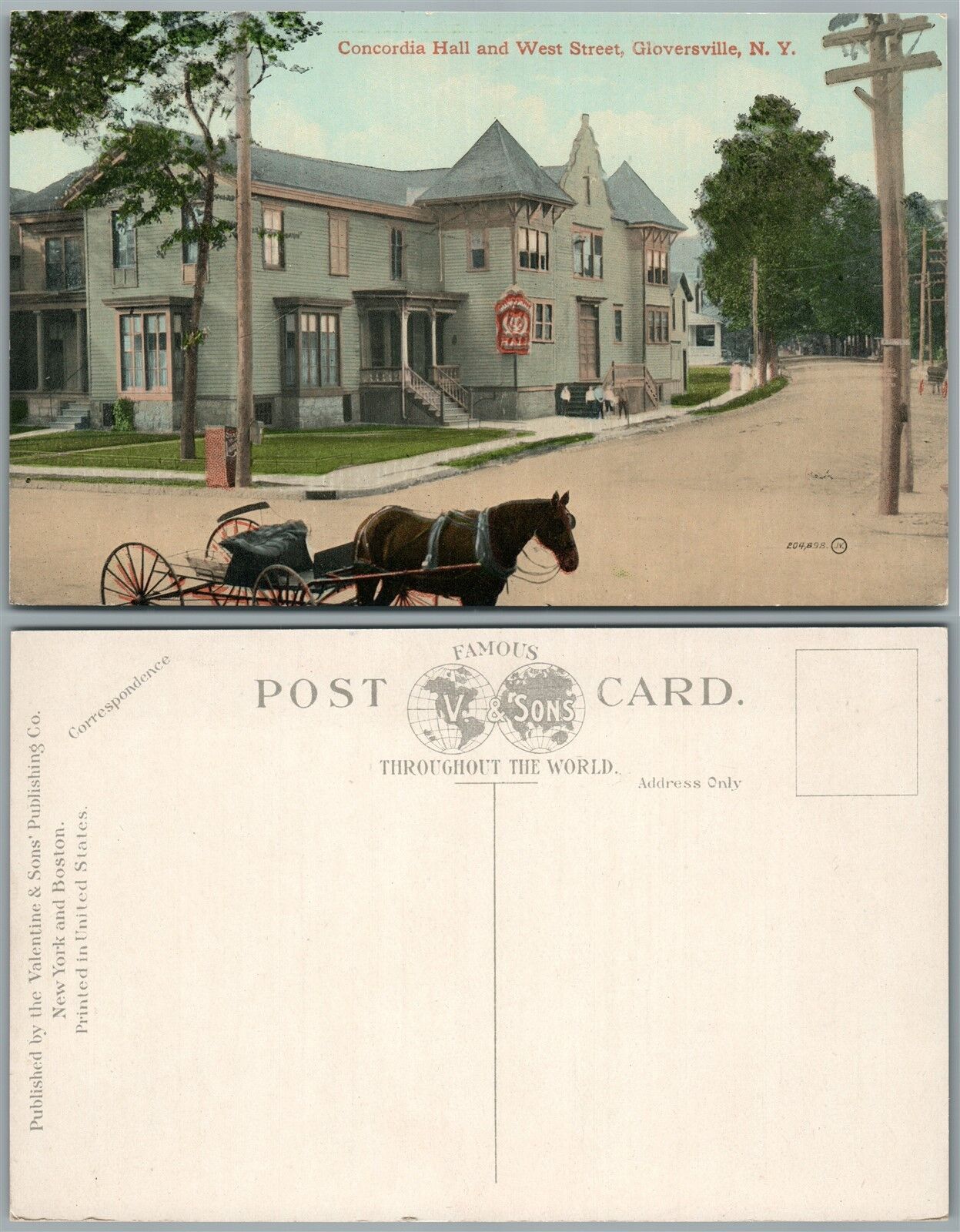 GLOVERSVILLE N.Y. CONCORDIA HALL & WEST STREET ANTIQUE POSTCARD