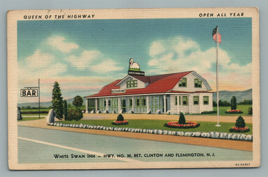 WHITE SWAN INN HWY No. 30 BETWEEN CLINTON & FLEMINGTON NJ VINTAGE POSTCARD