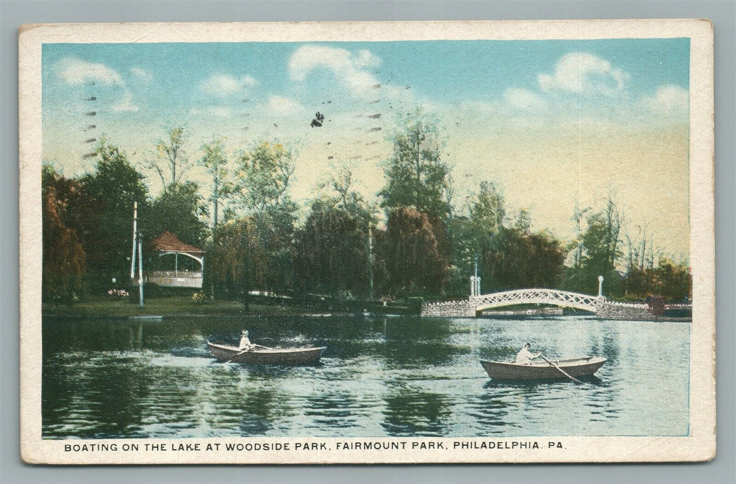 PHILADELPHIA PA WOODSIDE PARK BOATING ON THE LAKE ANTIQUE POSTCARD