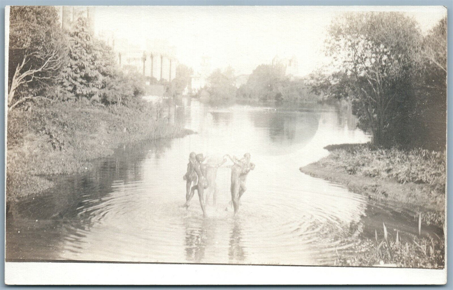 ANTIQUE REAL PHOTO POSTCARD RPPC DANCING GIRLS STATUE in the RIVER