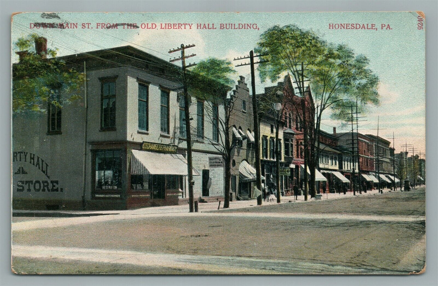 HONESDALE PA MAIN STREET OLD LIBERTY HALL BUILDING ANTIQUE POSTCARD
