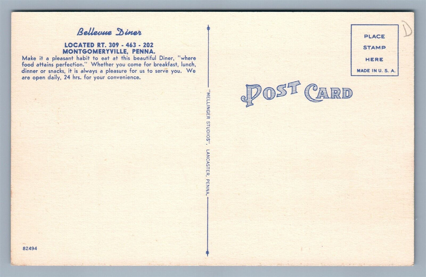 MONTGOMERYVILLE PA BELLEVUE DINNERS ADVERTISING VINTAGE POSTCARD