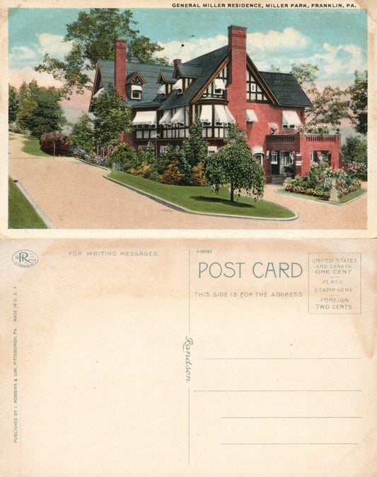 FRANKLIN PA GENERAL MILLER RESIDENCE MILLER PARK ANTIQUE POSTCARD