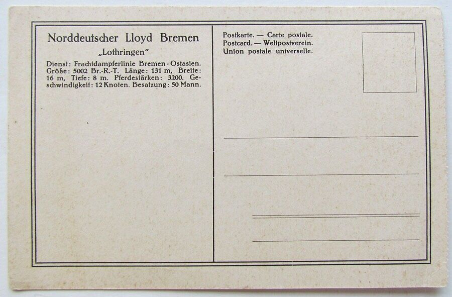 VINTAGE POSTCARD NORDDEUTSCHER LLOYD BREMEN SHIP LOTHRINGEN