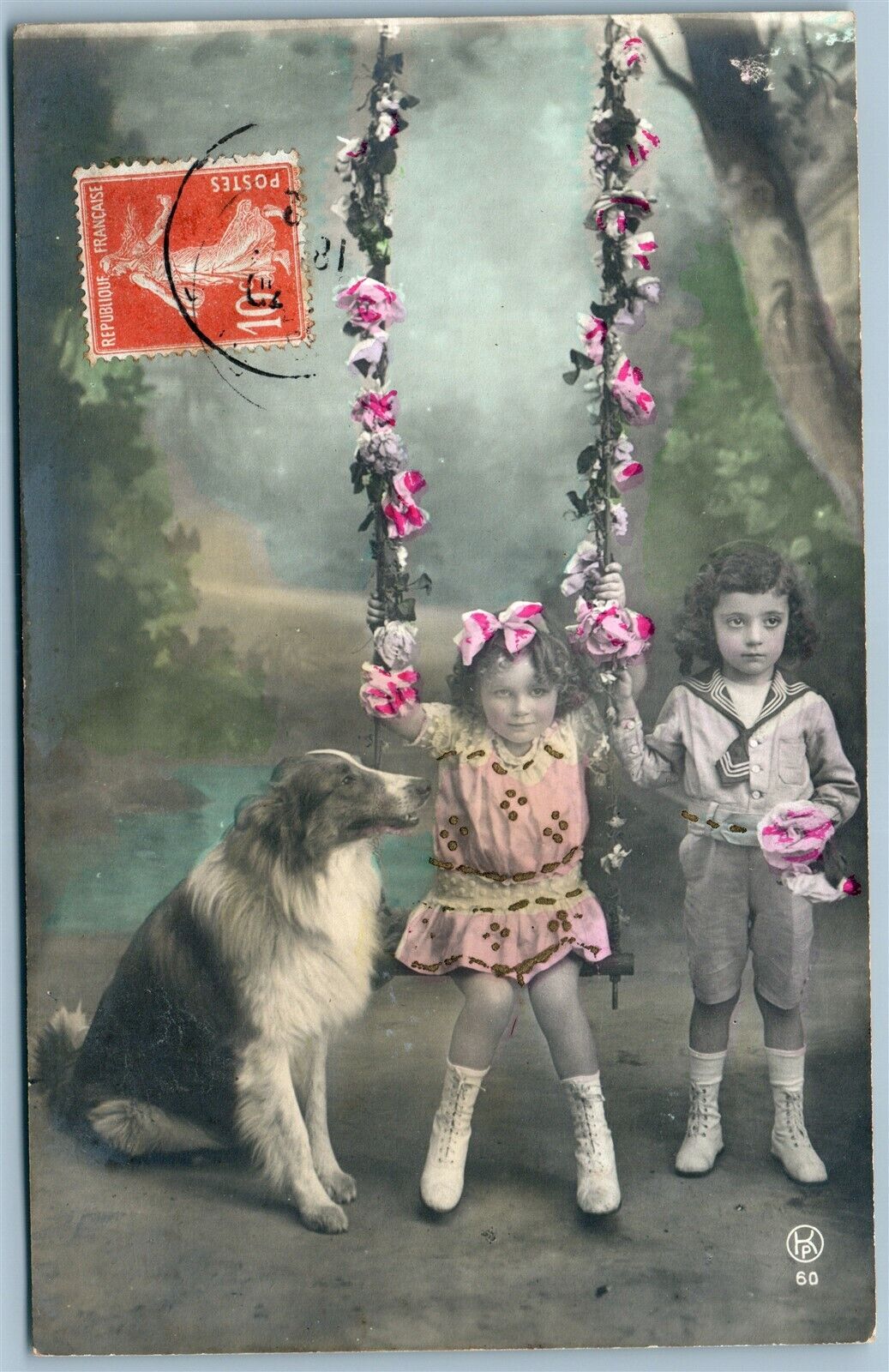 DOG w/ KIDS & SWING ANTIQUE REAL PHOTO POSTCARD RPPC