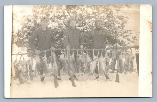 HUNTING SCENE HUNTERS w/ RABBITS & RIFLES REAL PHOTO POSTCARD ANTIQUE RPPC