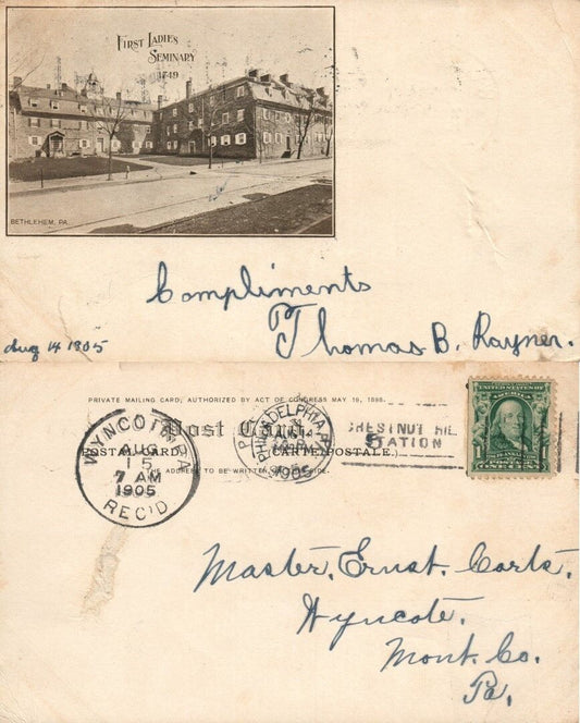 BETHLEHEM PA FIRST LADIES SEMINARY 1905 UNDIVIDED ANTIQUE POSTCARD