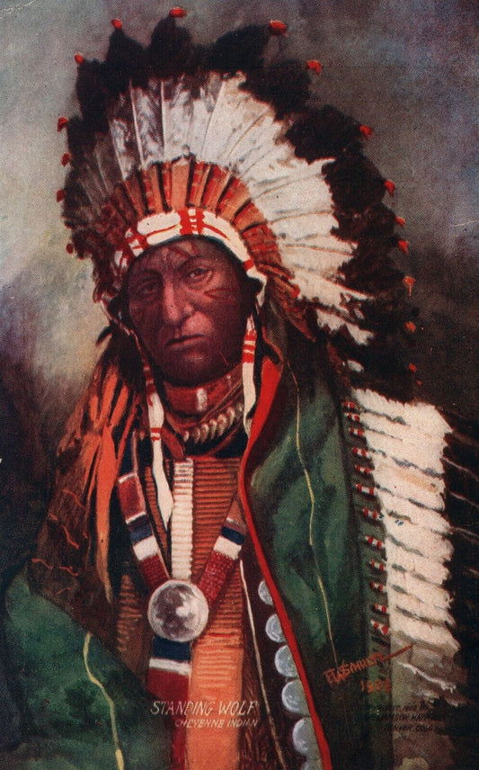 AMERICAN CHEYENNE INDIAN STANDING WOLF ANTIQUE POSTCARD