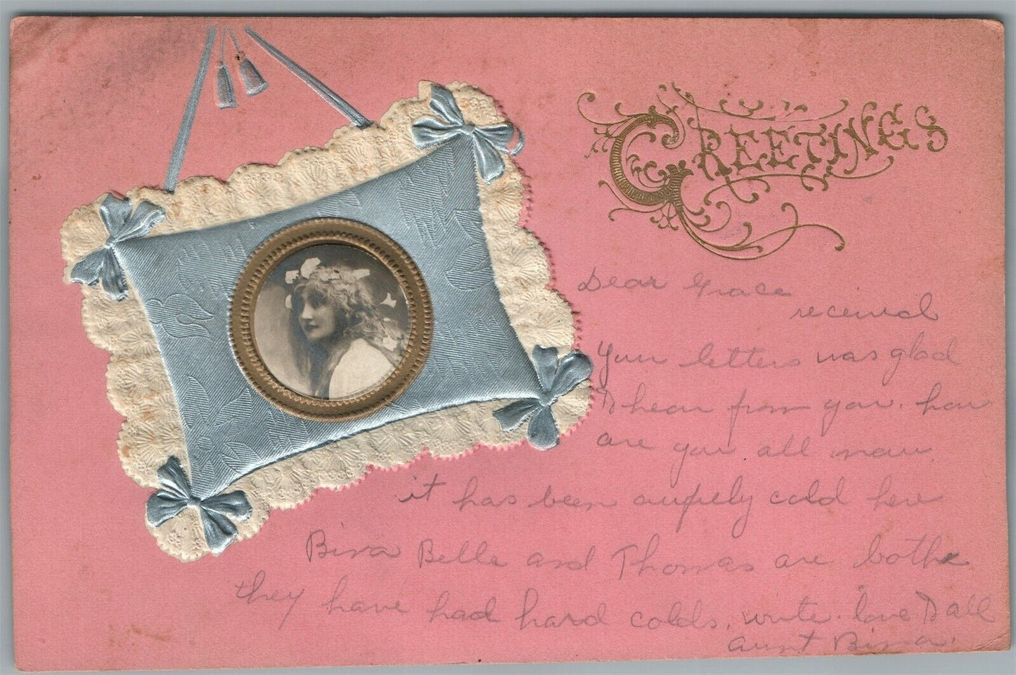 1913 GREETING CARD W/ YOUNG LADY PHOTO ANTIQUE POSTCARD