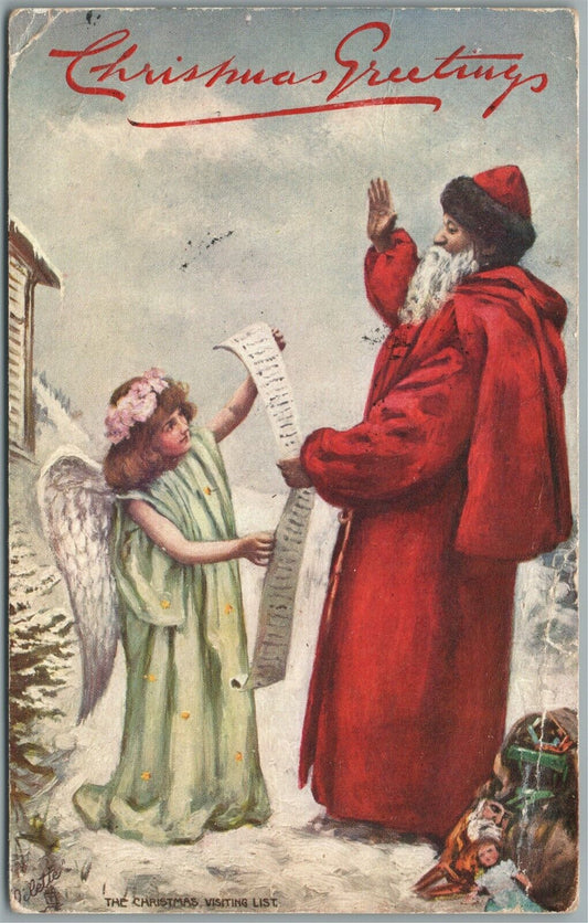 SANTA w/ ANGEL CHRISTMAS GREETINGS ANTIQUE POSTCARD