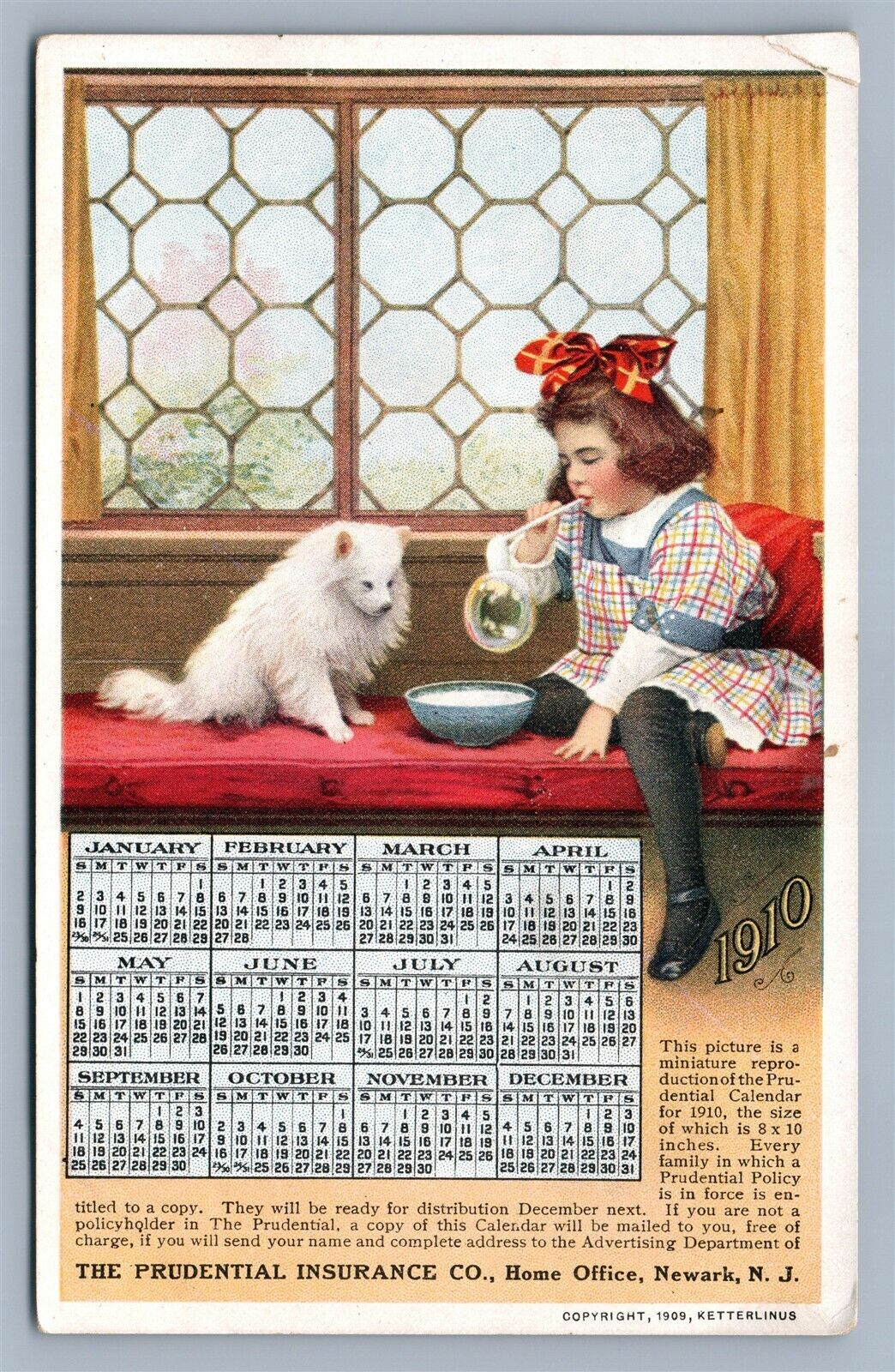 NEWARK NJ PRUDENTIAL INSURANCE ADVERTISING ANTIQUE POSTCARD 1910 CALENDAR w/ DOG