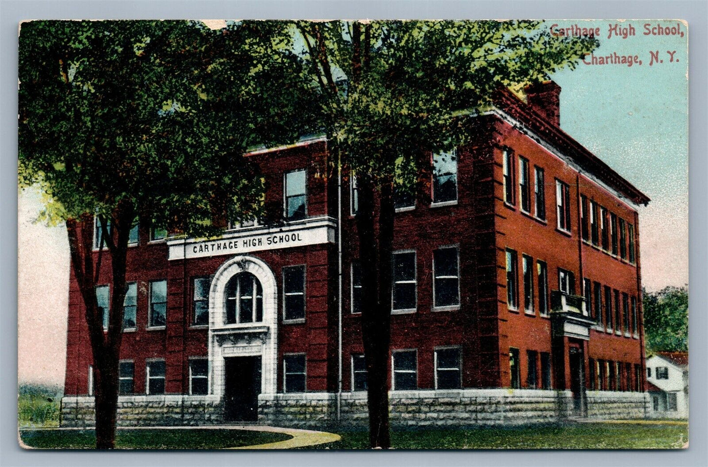 CARTHAGE NY HIGH SCHOOL 1908 ANTIQUE POSTCARD