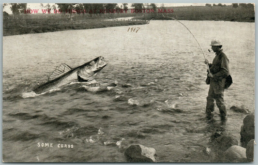 EXAGGERATED FISHING ANTIQUE POSTCARD ROXBURY BOSTON MASSACHUSETS