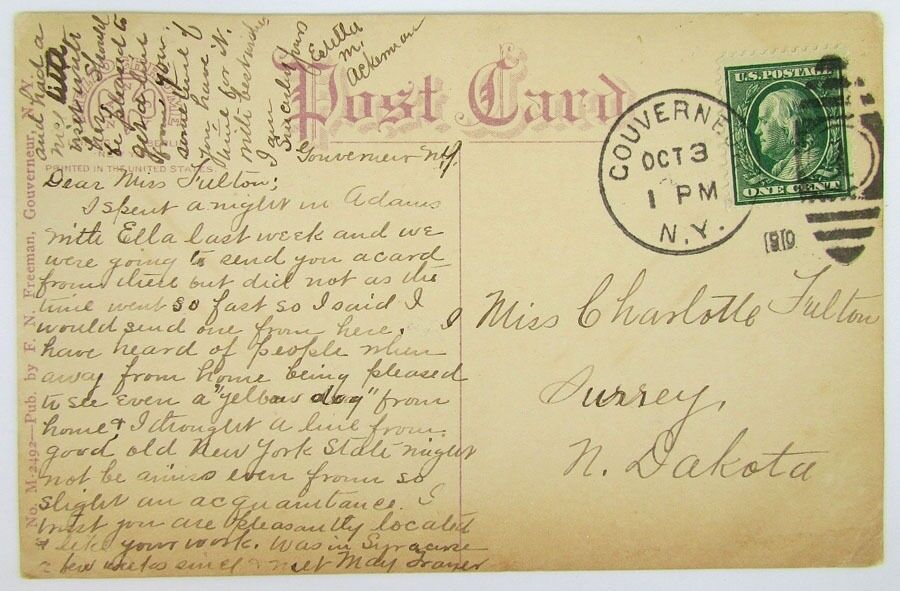 ANTIQUE 1910 POSTCARD - SOUTH SIDE OF SQUARE GOUVERNEUR N.Y. CORK CANCEL