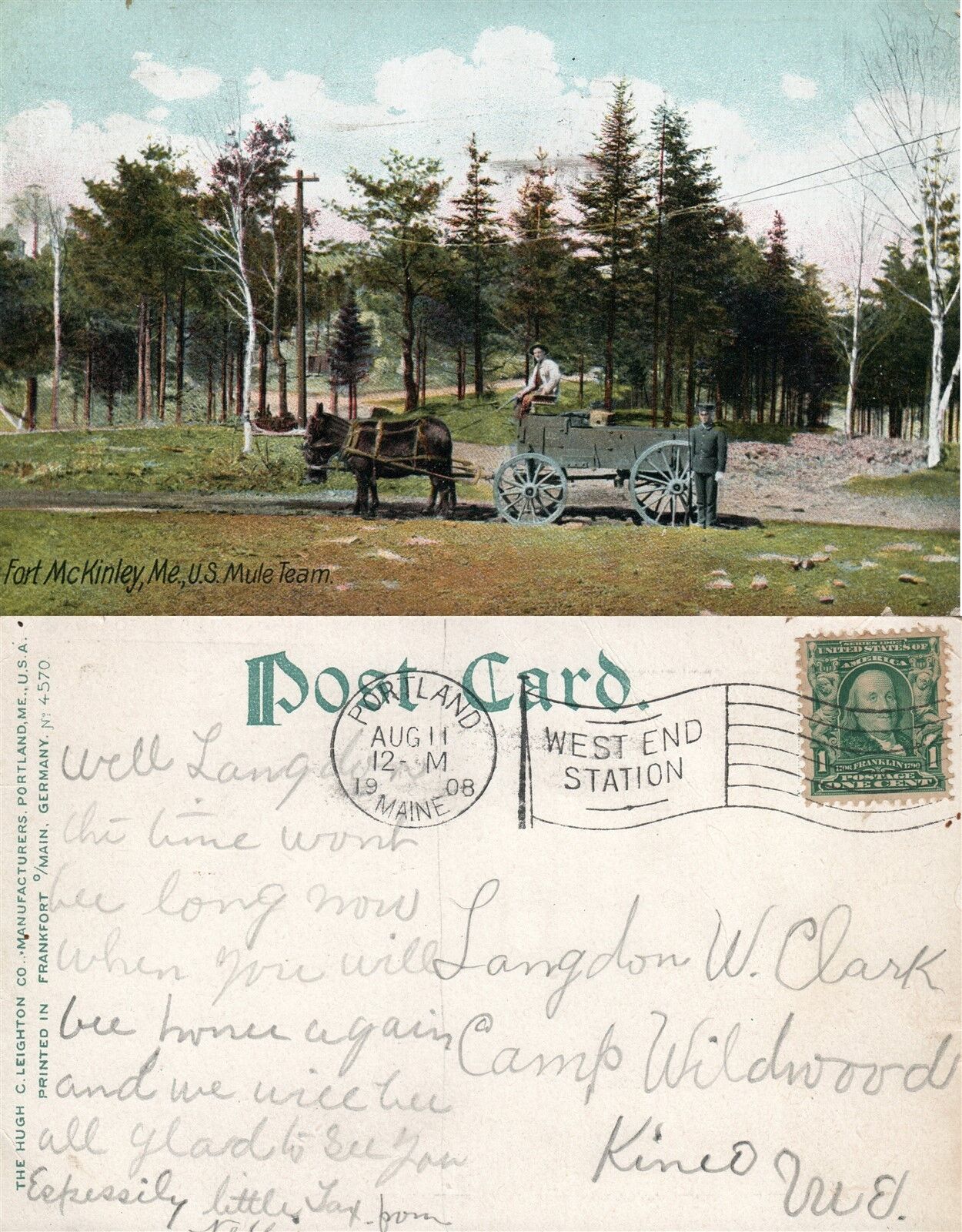 FORT MCKINLEY ME U.S. MULE TEAM 1908 ANTIQUE POSTCARD