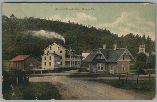 BEAR CREEL PA HOTEL & RAILROAD DEPOT RAILWAY STATION ANTIQUE POSTCARD