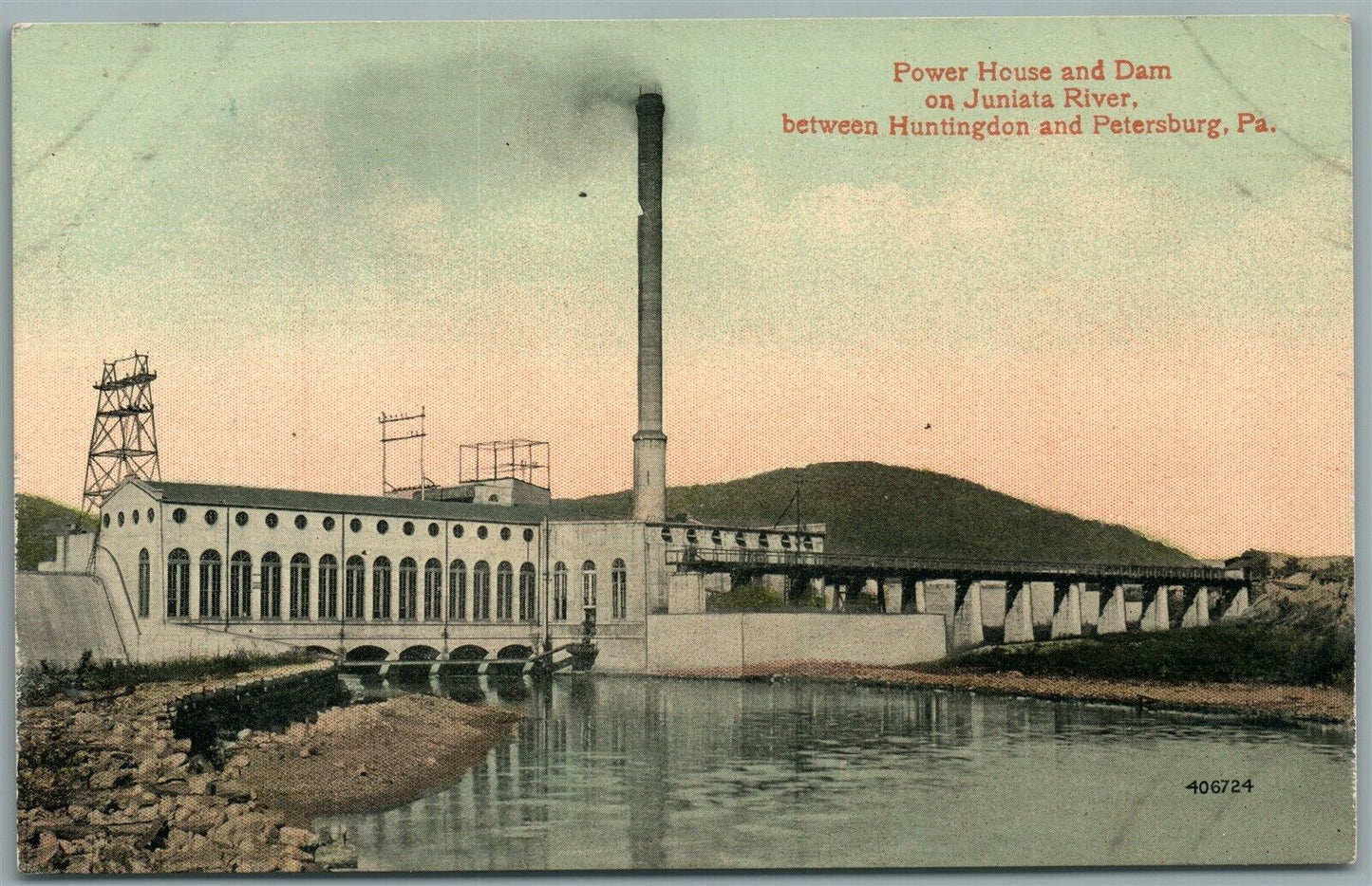 HUNTINGDON & PETERSBURG PA POWER HOUSE & DAM on JUNIATA RIVER ANTIQUE POSTCARD