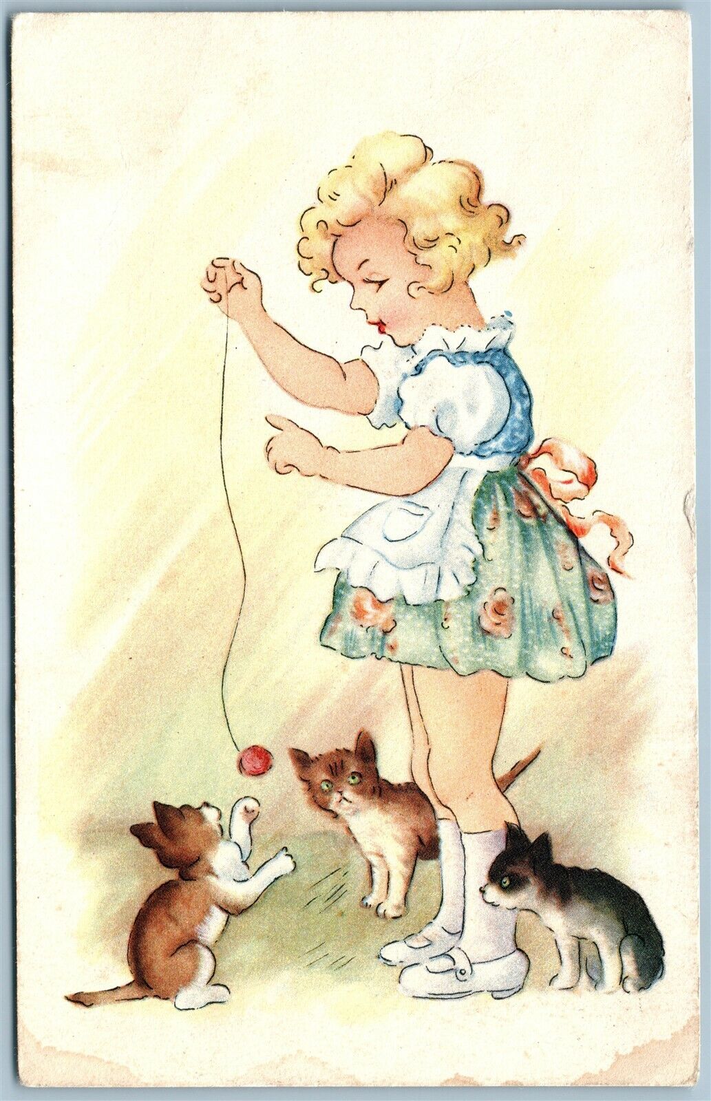 GIRL PLAYING w/ CATS VINTAGE POSTCARD