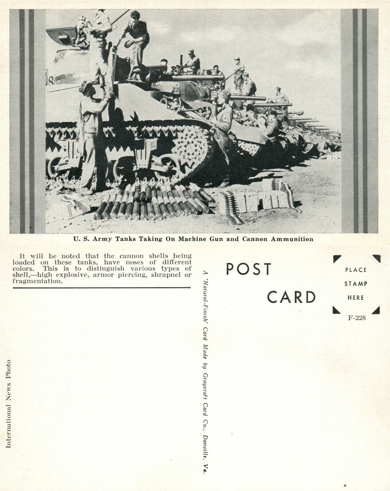 U.S. ARMY TANKS TAKING ON MACHINE GUN & CANNON AMMUNITION WWII VINTAGE POSTCARD