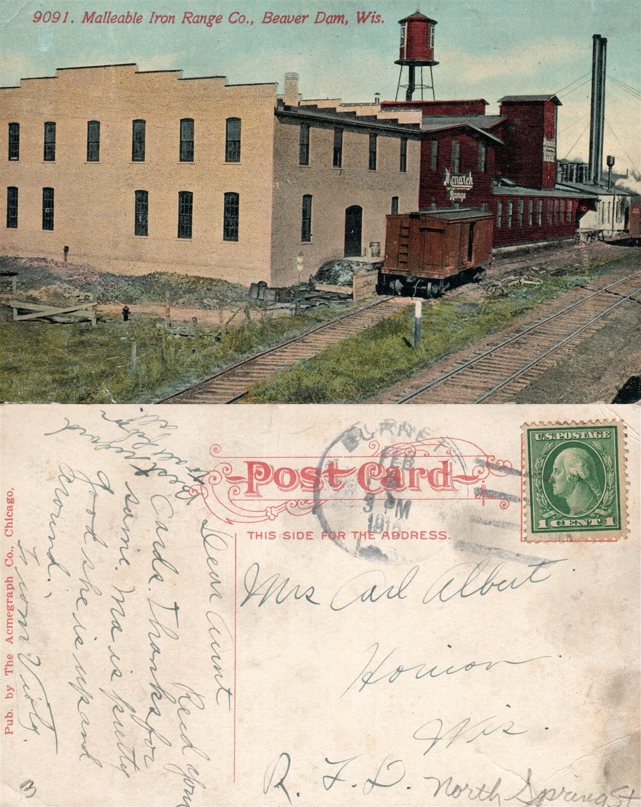 BEAVER DAM WIS. MALLEABLE IRON RANGE CO. 1915 ANTIQUE POSTCARD