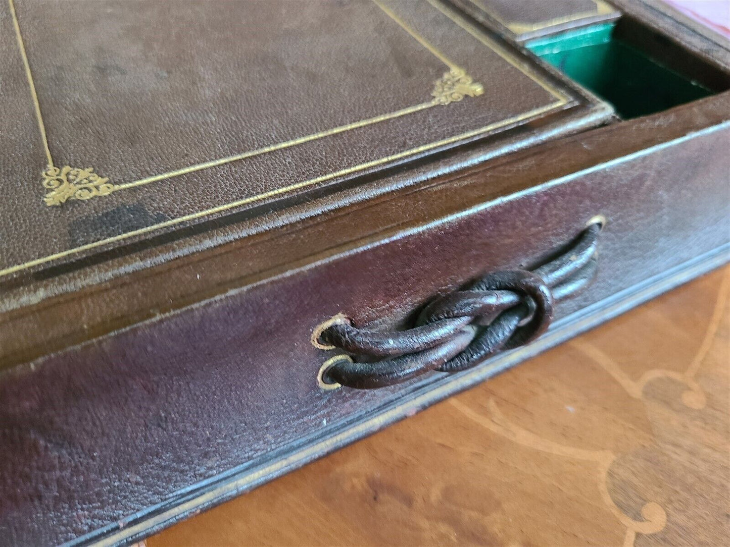 ANTIQUE TRAVELING LAP DESK BOX leather covered