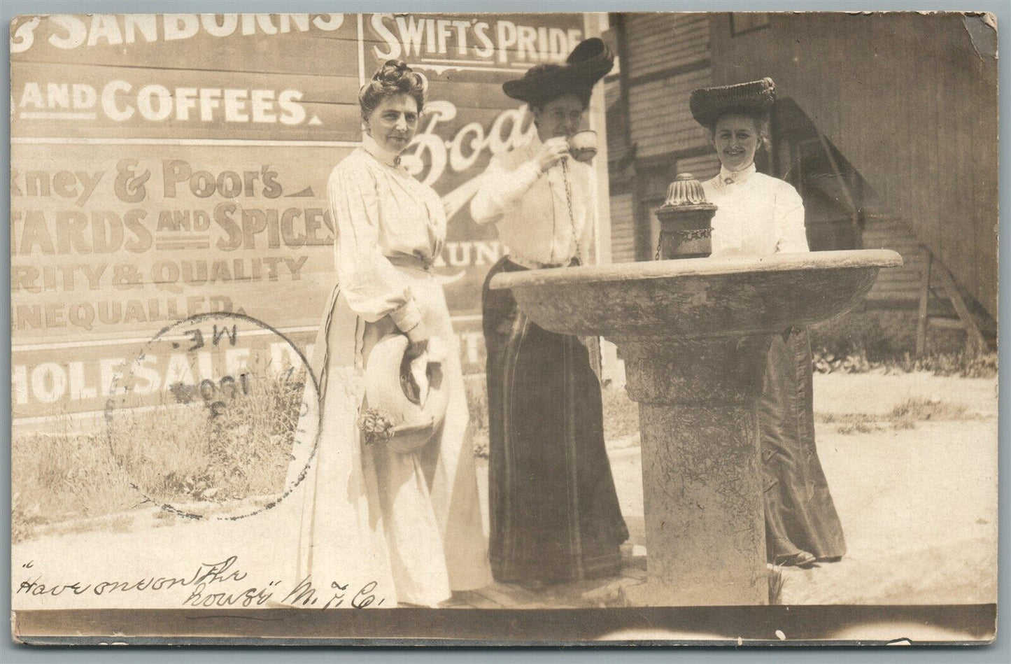 STREET SCENE W/ LADIES & ADVERTISING SIGN ANTIQUE REAL PHOTO POSTCARD RPPC