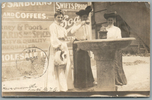 STREET SCENE W/ LADIES & ADVERTISING SIGN ANTIQUE REAL PHOTO POSTCARD RPPC