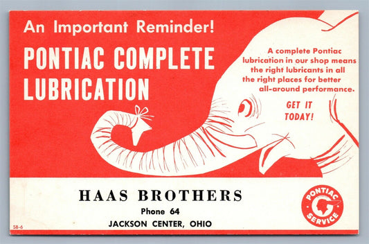 JACKSON CENTER OH HAAS BROTHERS PONTIAC LIBRICATION ADVERTISING VINTAGE POSTCARD